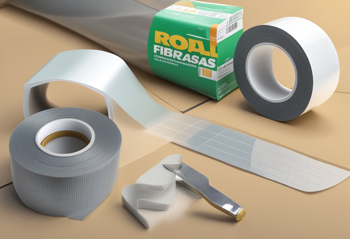 A roll of fiberglass mesh tape is laid out next to a container of repair adhesive, with a utility knife and putty knife nearby