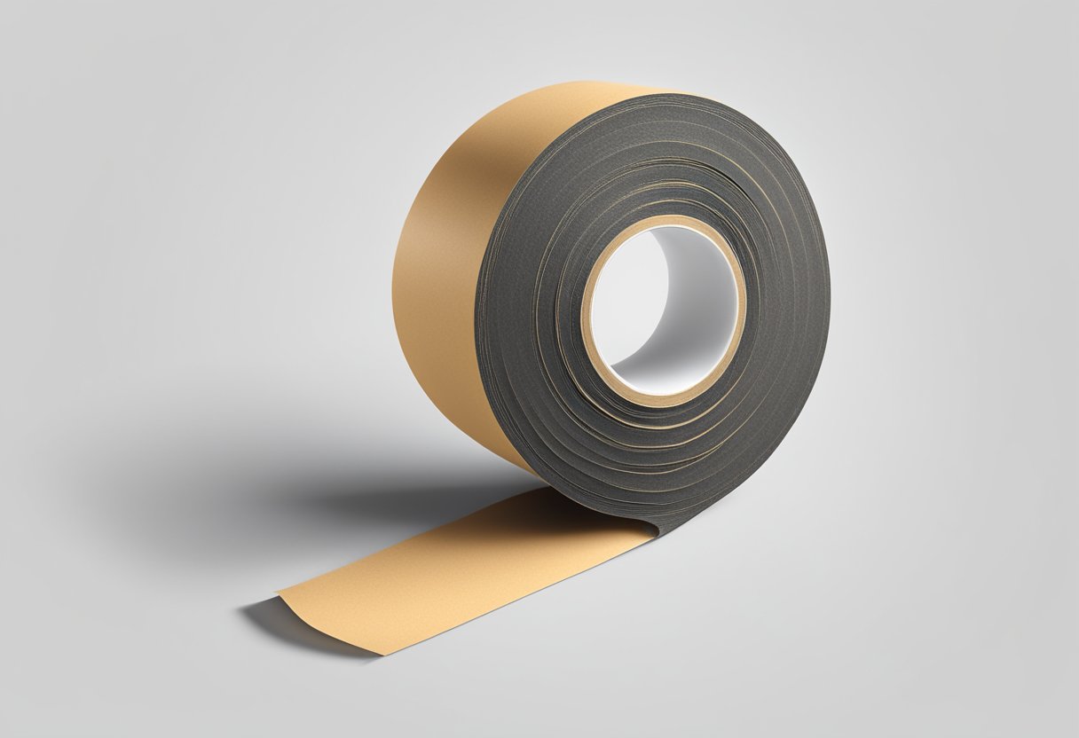 A roll of rubber kraft tape unravels, its adhesive side exposed against a stark white background