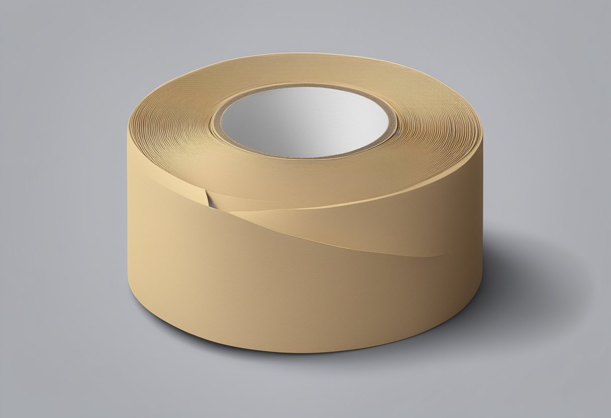 A roll of rubber kraft tape unravels, revealing its strong, flexible properties. The tape is thick and durable, with a matte finish and a slight stretch when pulled