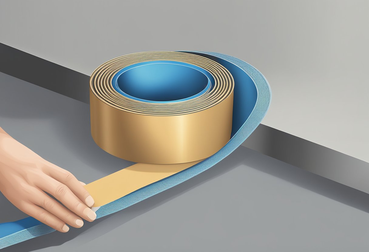 A roll of rubber kraft tape being applied to a surface