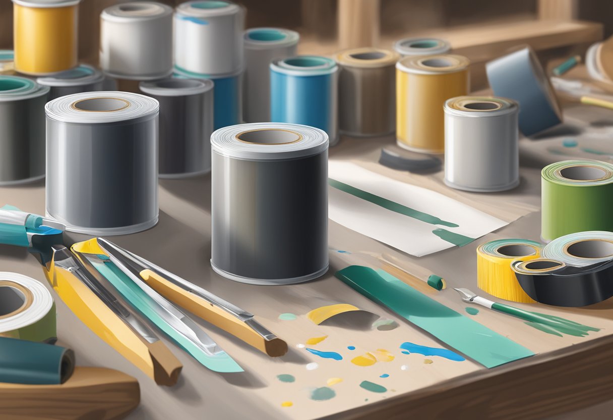 A roll of rubber masking tape sits on a cluttered workbench, surrounded by paint cans and brushes