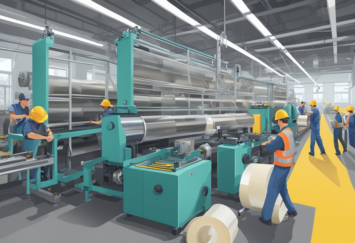 A rubber masking tape factory with large machines and workers packaging rolls of tape in a bustling industrial setting