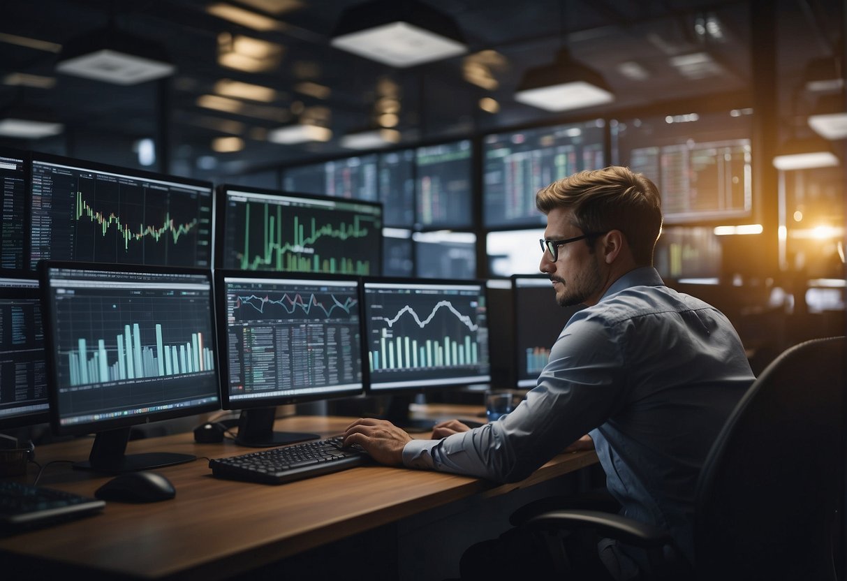 A person sitting at a desk, surrounded by computer screens and financial charts. They are holding onto a cryptocurrency investment, determined and focused on their long-term strategy