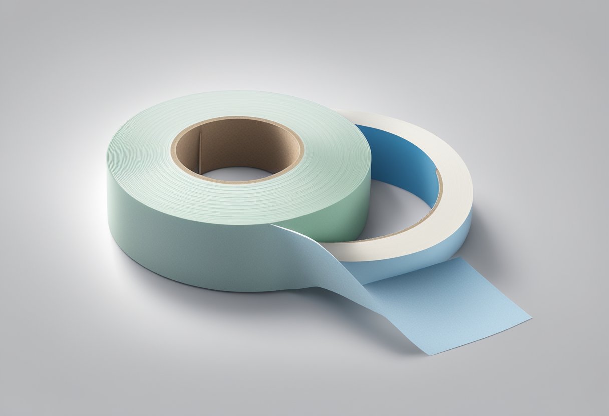 A roll of rubber masking tape sits on a clean, white surface, with its label facing outward and the tape partially unrolled