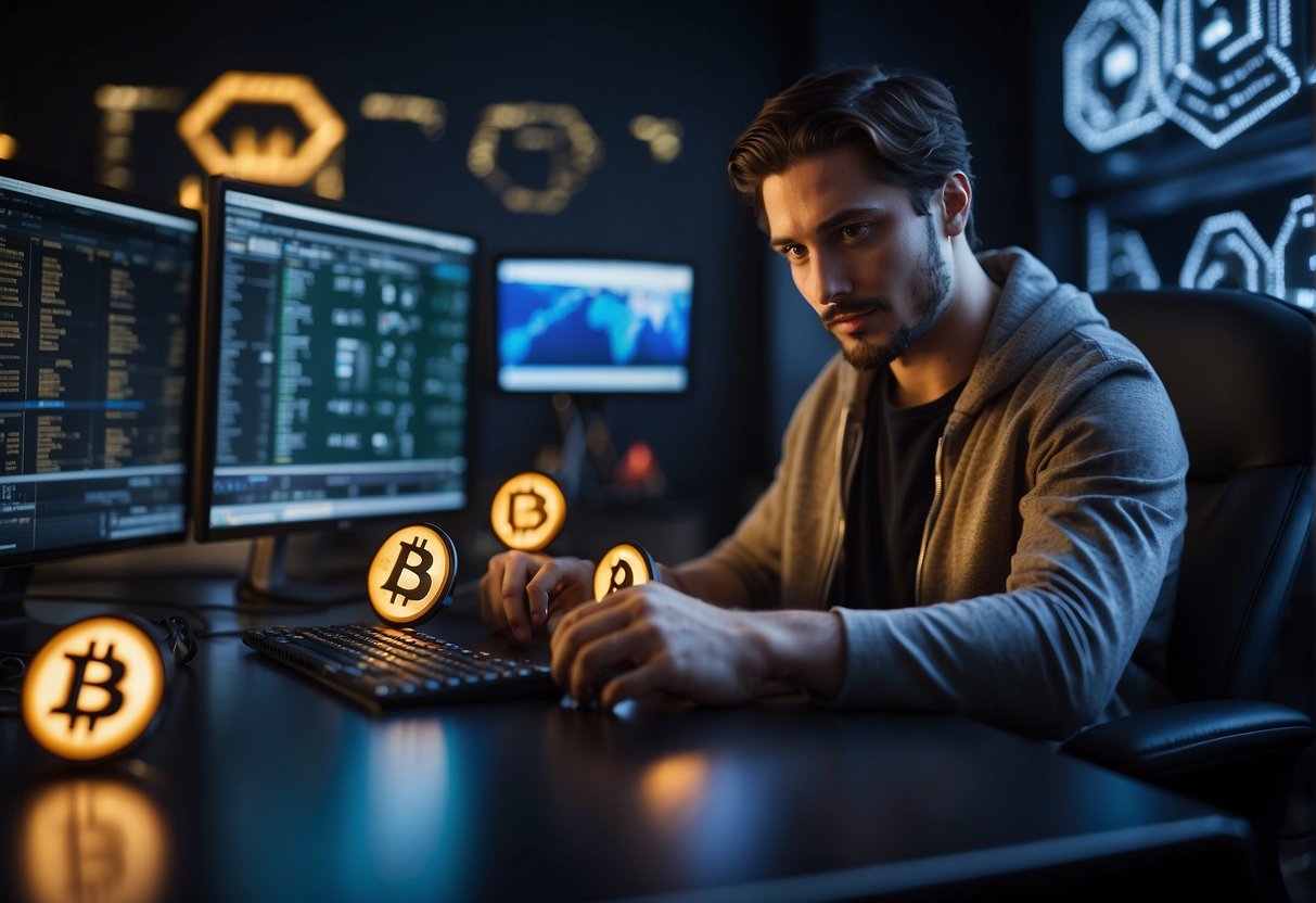 A person sitting at a desk surrounded by screens, holding a digital wallet and a cryptocurrency symbol. The person has a determined expression, signifying their commitment to HODLing