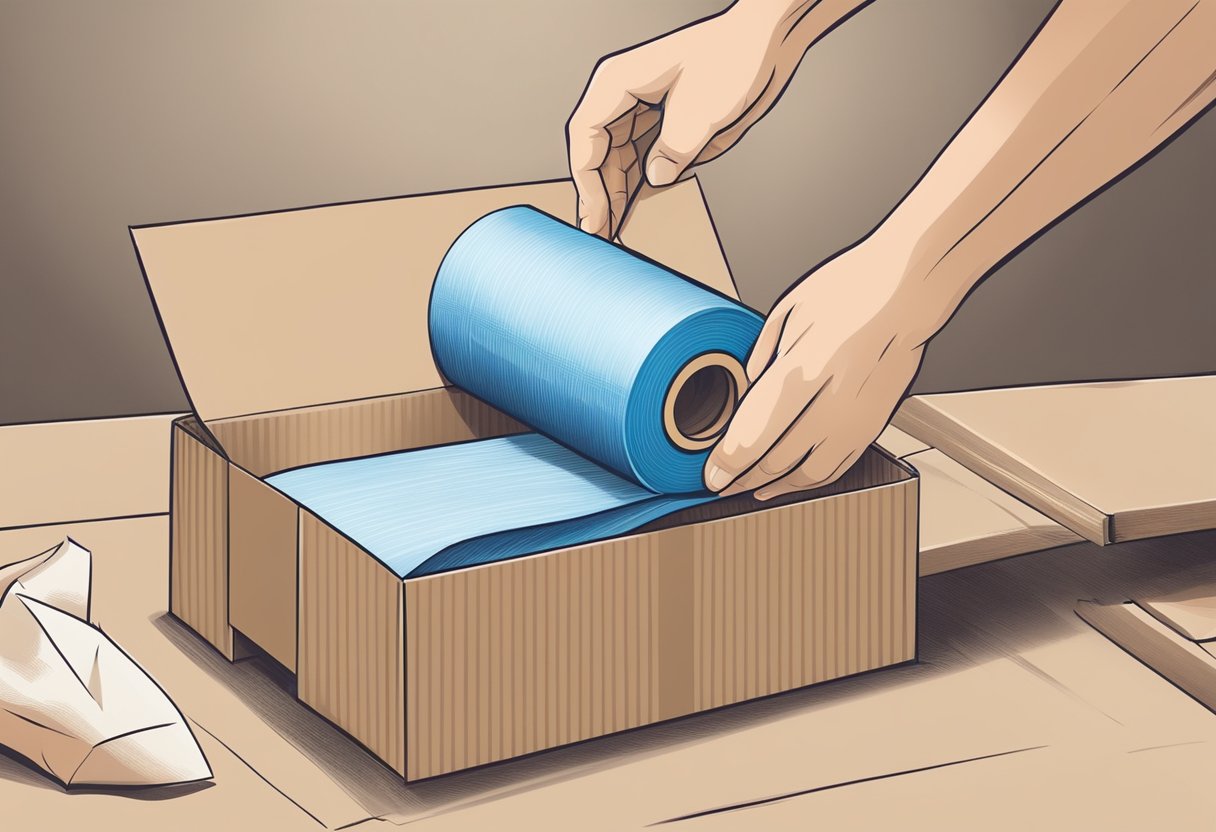 A hand unrolls and presses sealing cloth tape onto a cardboard box