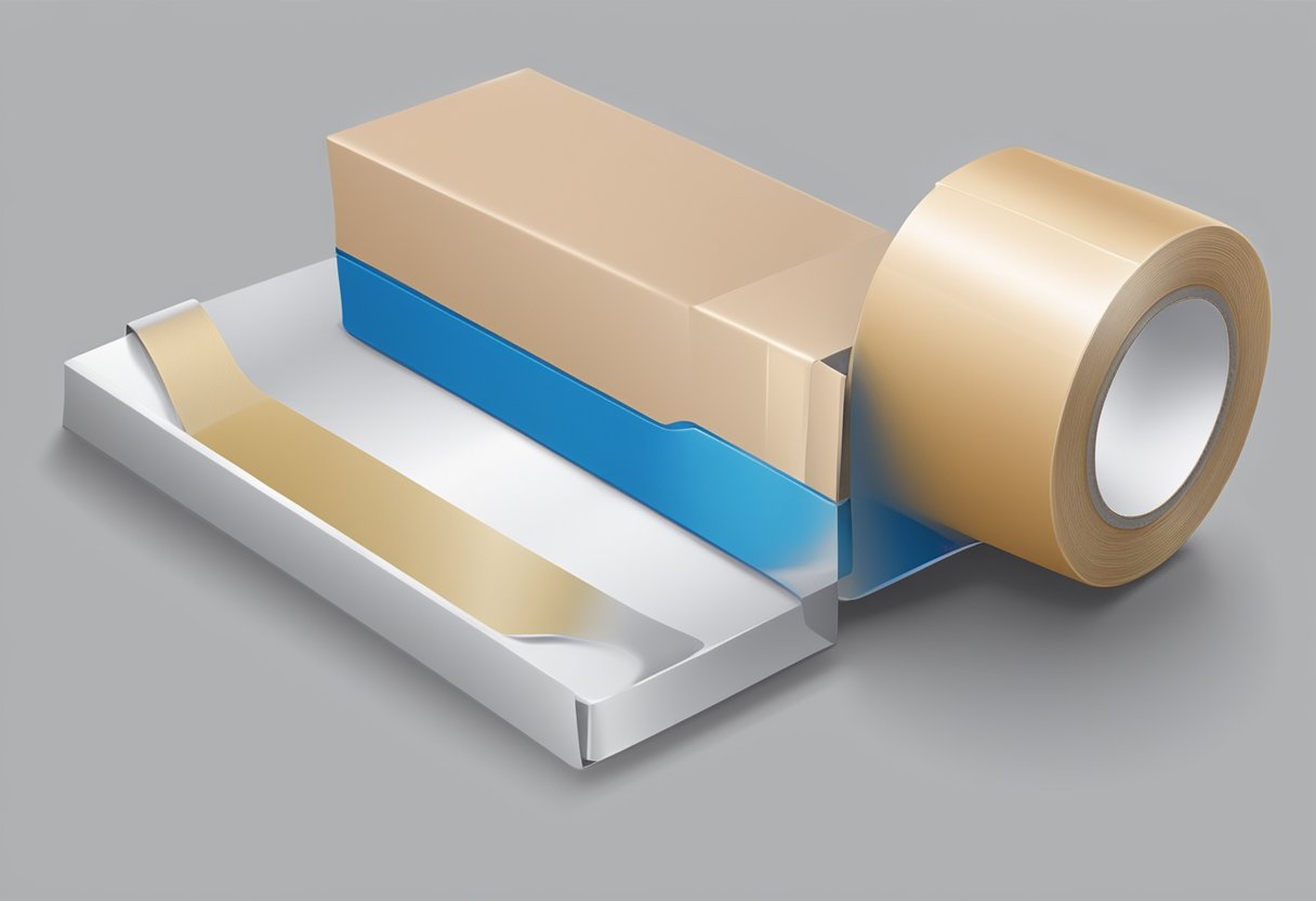 A roll of cloth tape being used to seal a package. The tape is being pulled taut and pressed firmly onto the surface to ensure a secure hold