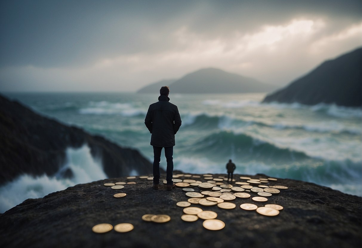 A lone figure stands atop a mountain, gazing out at a vast, turbulent sea. In their hand, they clutch a shining, untarnished coin, a symbol of unwavering resolve and belief in the face of uncertainty