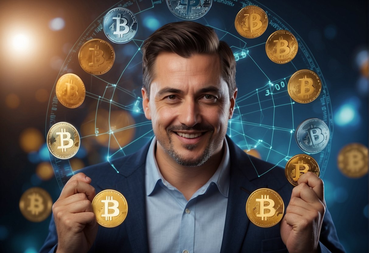 A person holding a strong grip on a cryptocurrency symbol, surrounded by upward trending graphs and a confident expression