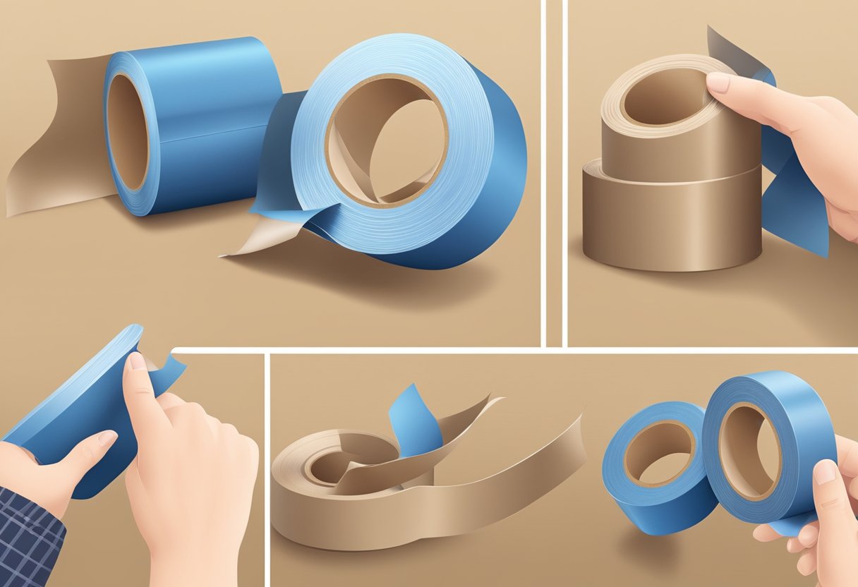 A hand holding a roll of sealing kraft tape, pulling and tearing a strip off the roll