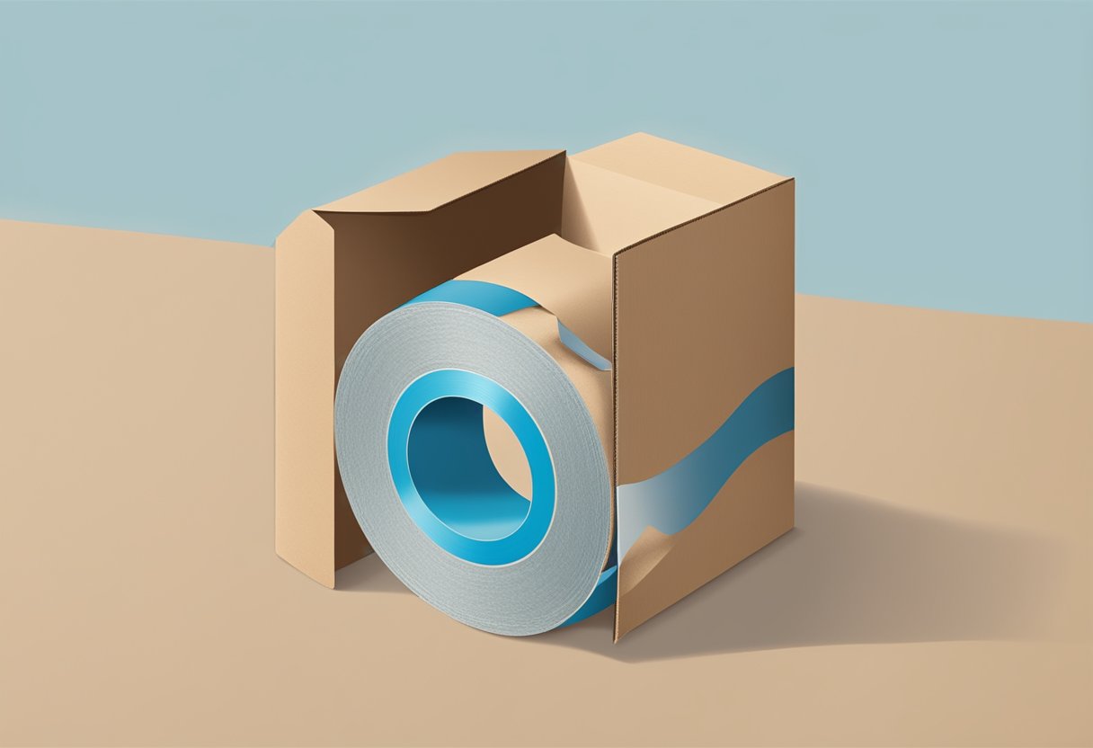 A roll of sealing kraft tape being pulled across a cardboard box, with the tape adhering to the surface