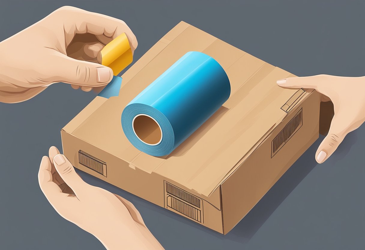 A hand holding a roll of sealing kraft tape, with a cardboard box in the background