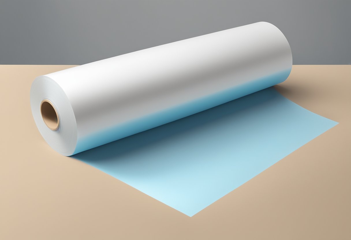 A roll of spray pretaped covering masking film unrolled over a surface, with the adhesive side facing down and the film ready for use