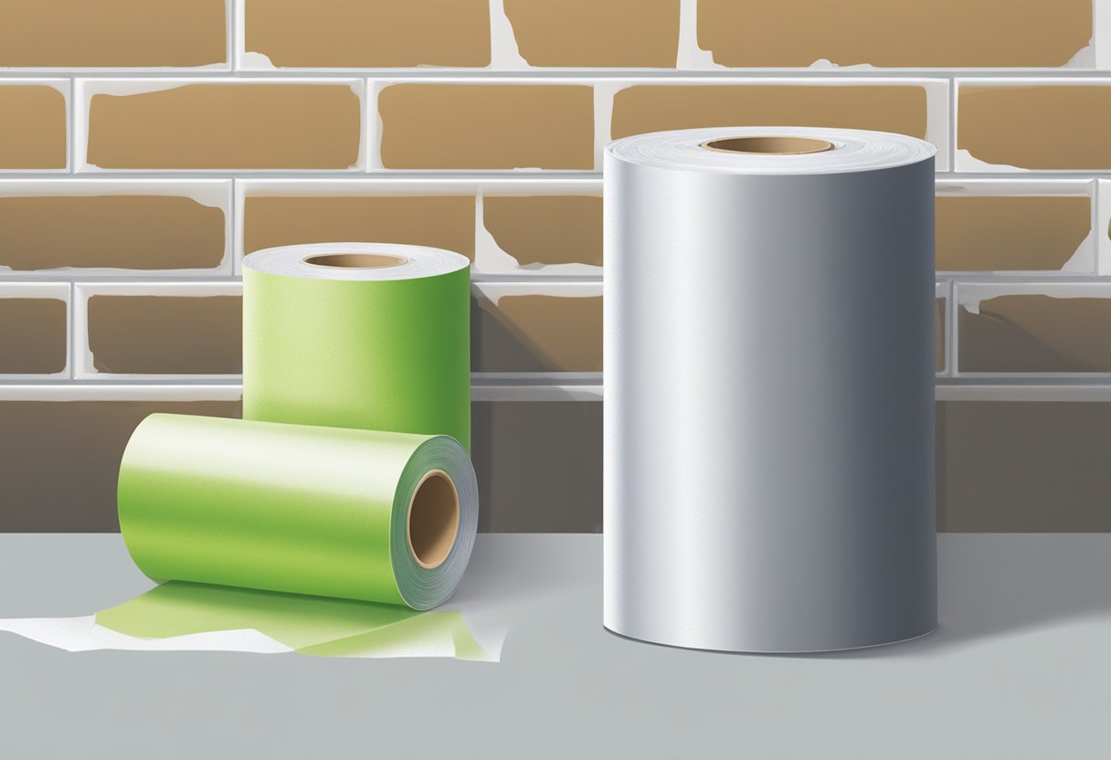 A roll of pretaped masking film unrolling onto a surface, with a spray can and masked-off area in the background