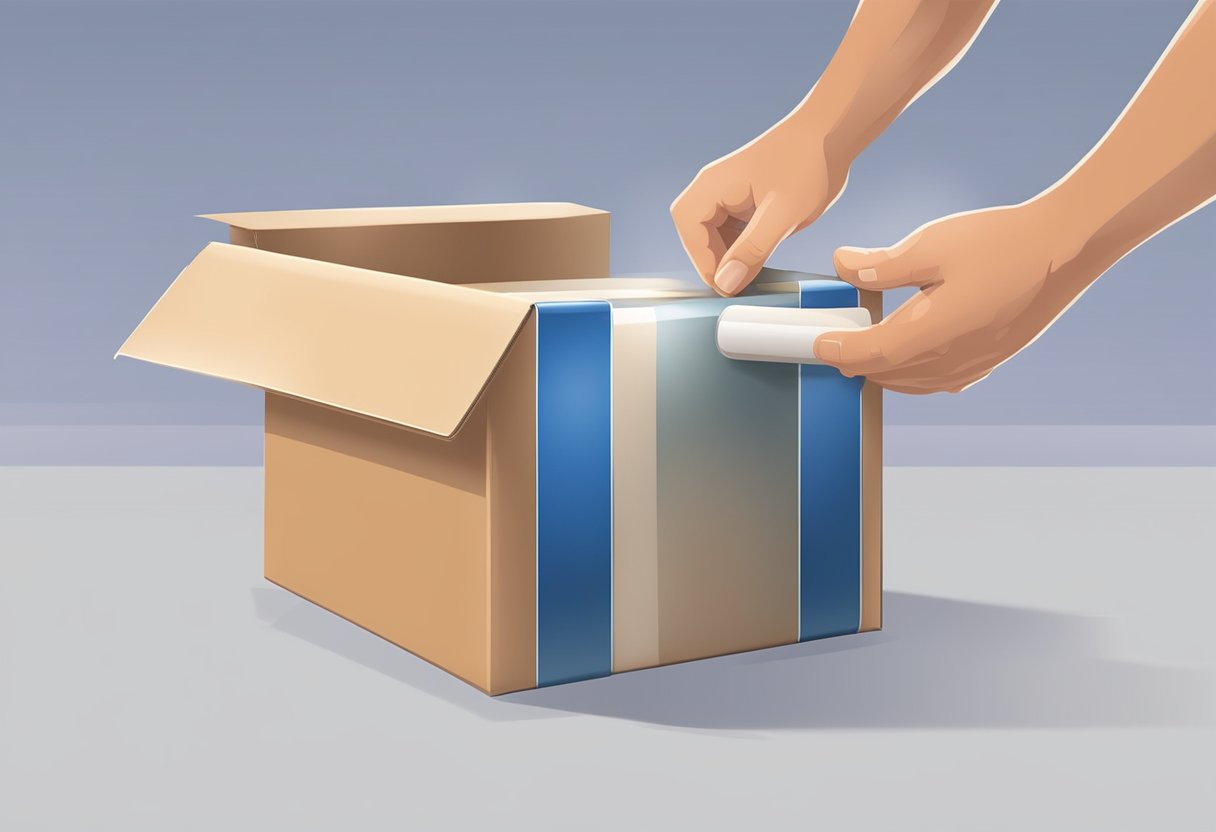A hand holds a roll of stretch film, pulling it tightly around a box
