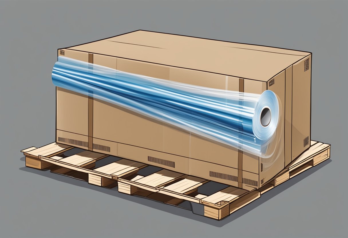 A hand holding a roll of stretch film, pulling and wrapping it around a pallet or a stack of boxes