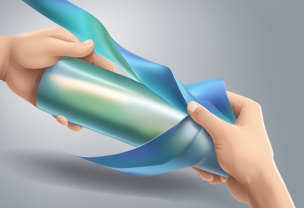 A hand holding stretch film, wrapping it around an object with even tension and overlapping layers, creating a secure and protective wrap