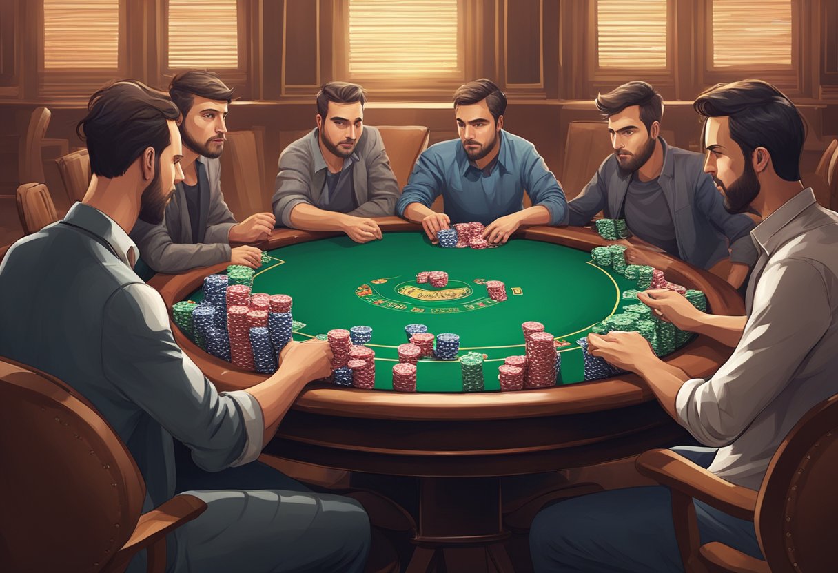 A round poker table with players holding cards, chips stacked in the center, and intense expressions