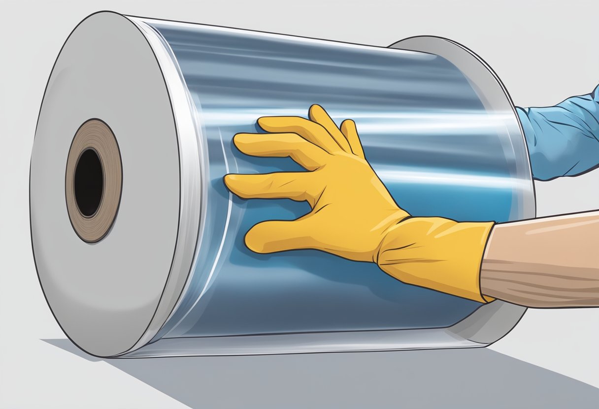 A hand reaching for a roll of stretch film, wearing protective gloves and following safety guidelines