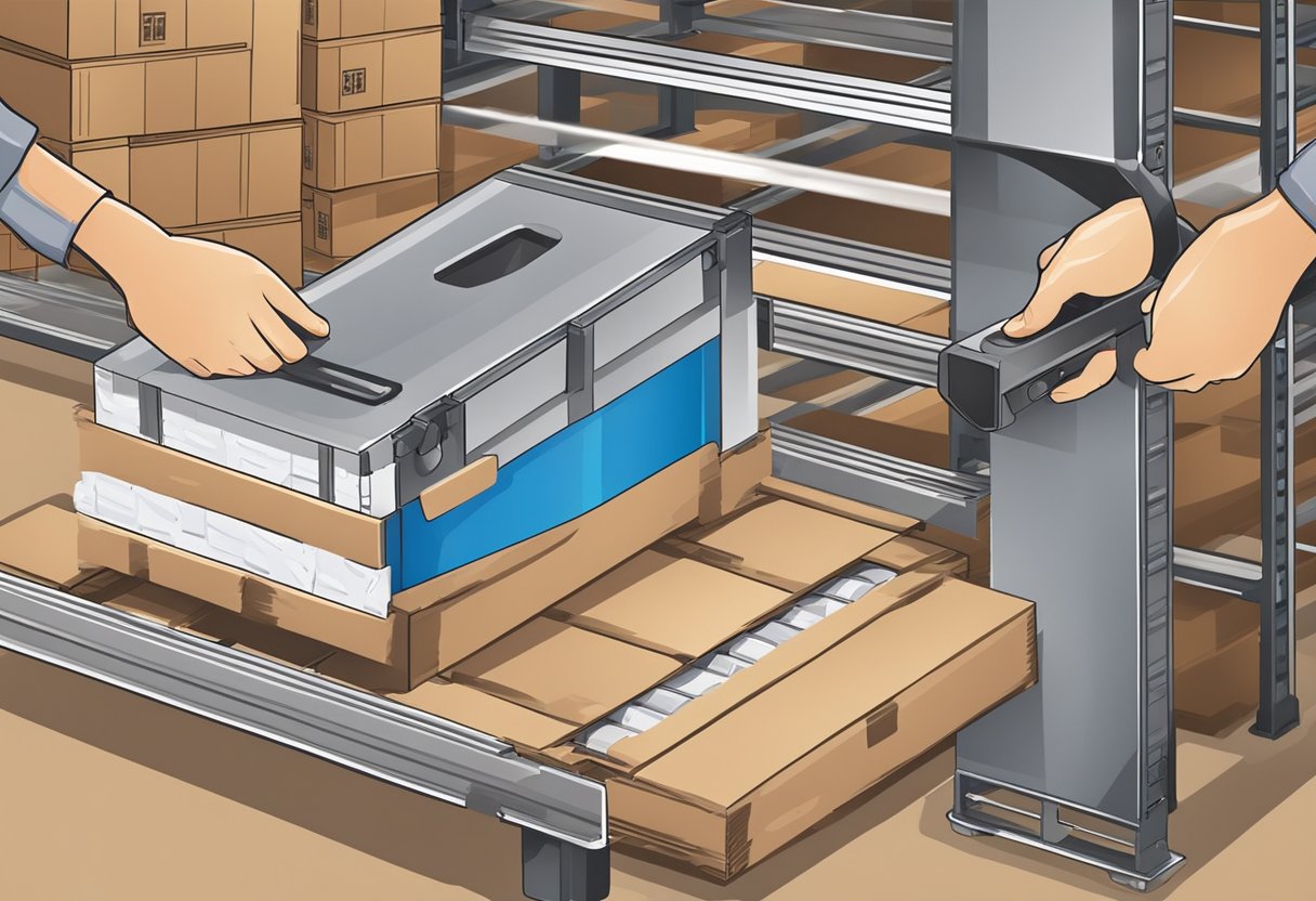 A hand stretches wrapping film around a pallet, using a dispenser and cutter. Boxes and pallets are stacked in the background
