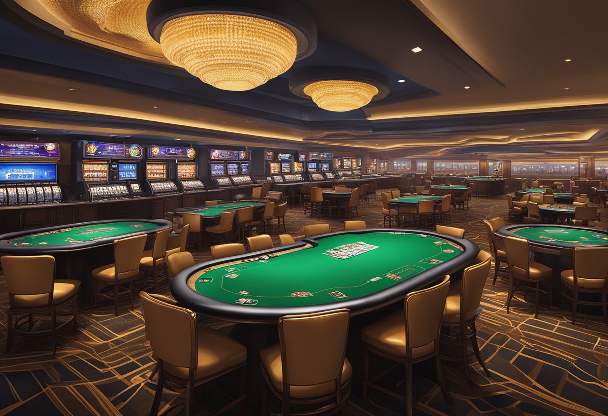 The bright lights of Everygame Sportsbook and Casino illuminate the bustling poker tables, where players focus intently on their cards. The sound of chips clinking and the shuffle of cards fills the air