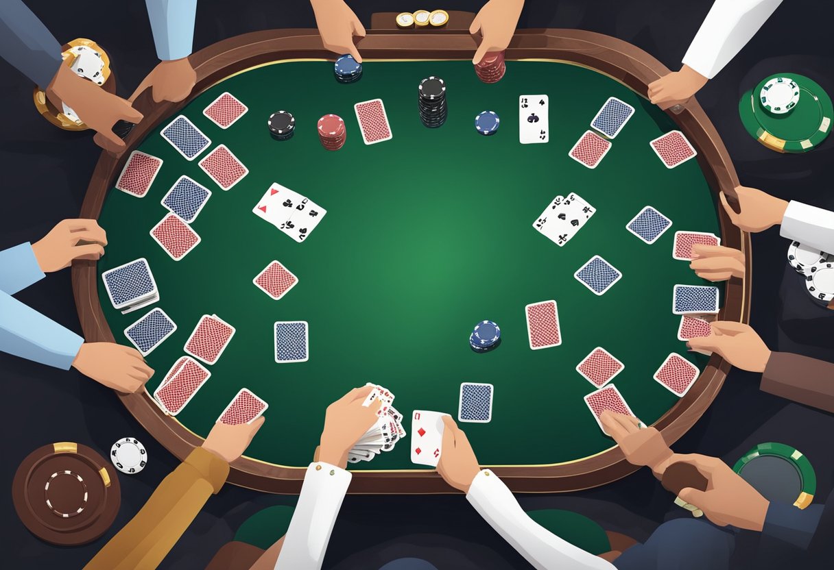 A poker table with cards being shuffled, chips being stacked, and players placing bets, creating an atmosphere of anticipation and excitement