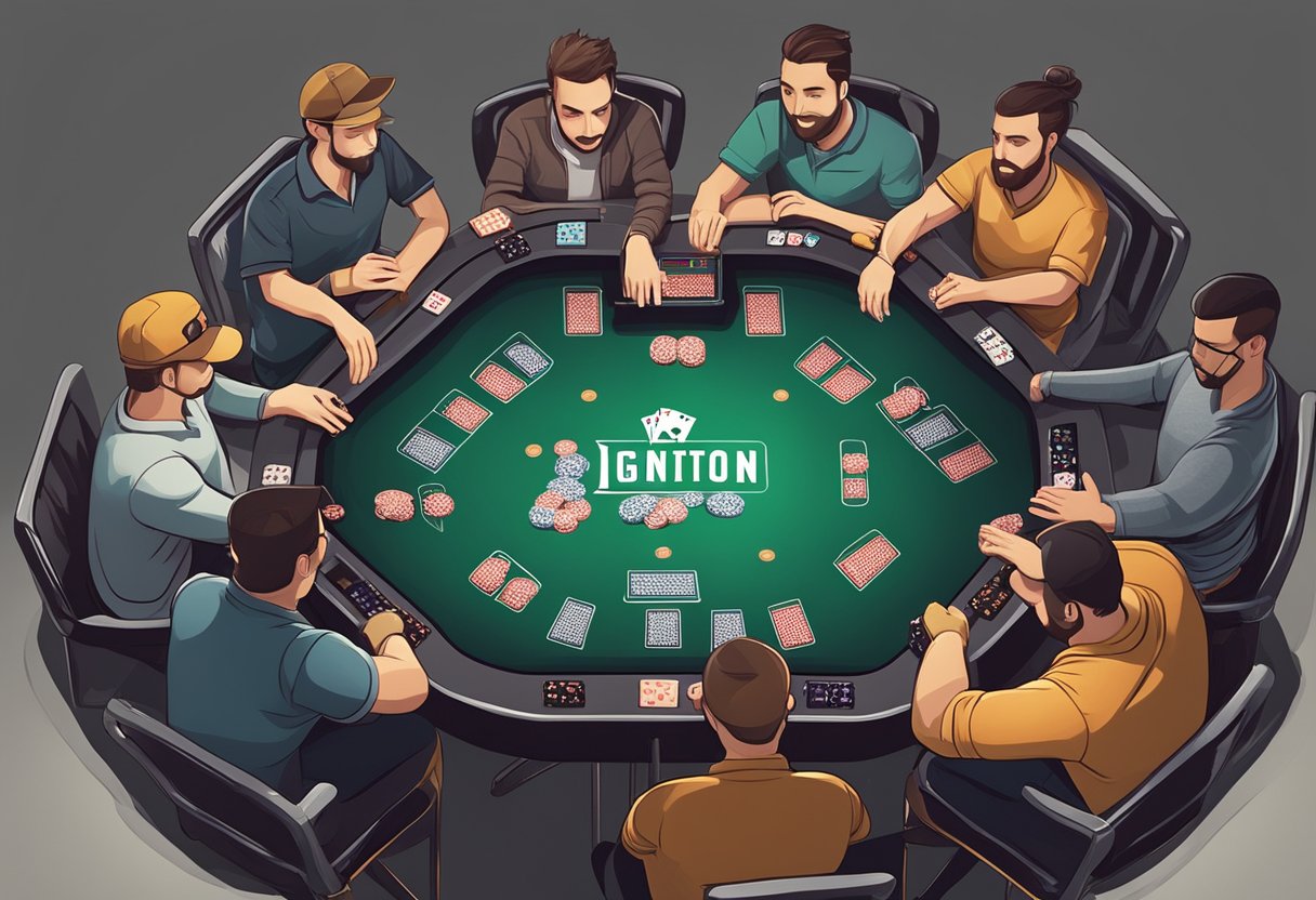 A poker table surrounded by players, chips stacked high, and cards being dealt. The logo of "Ignition Poker" prominently displayed on the table