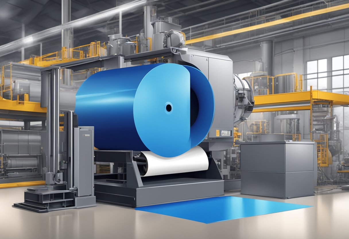 A large jumbo roll of stretch film unravels from a dispenser, creating a taut, glossy surface. The roll is surrounded by industrial machinery and packaging materials