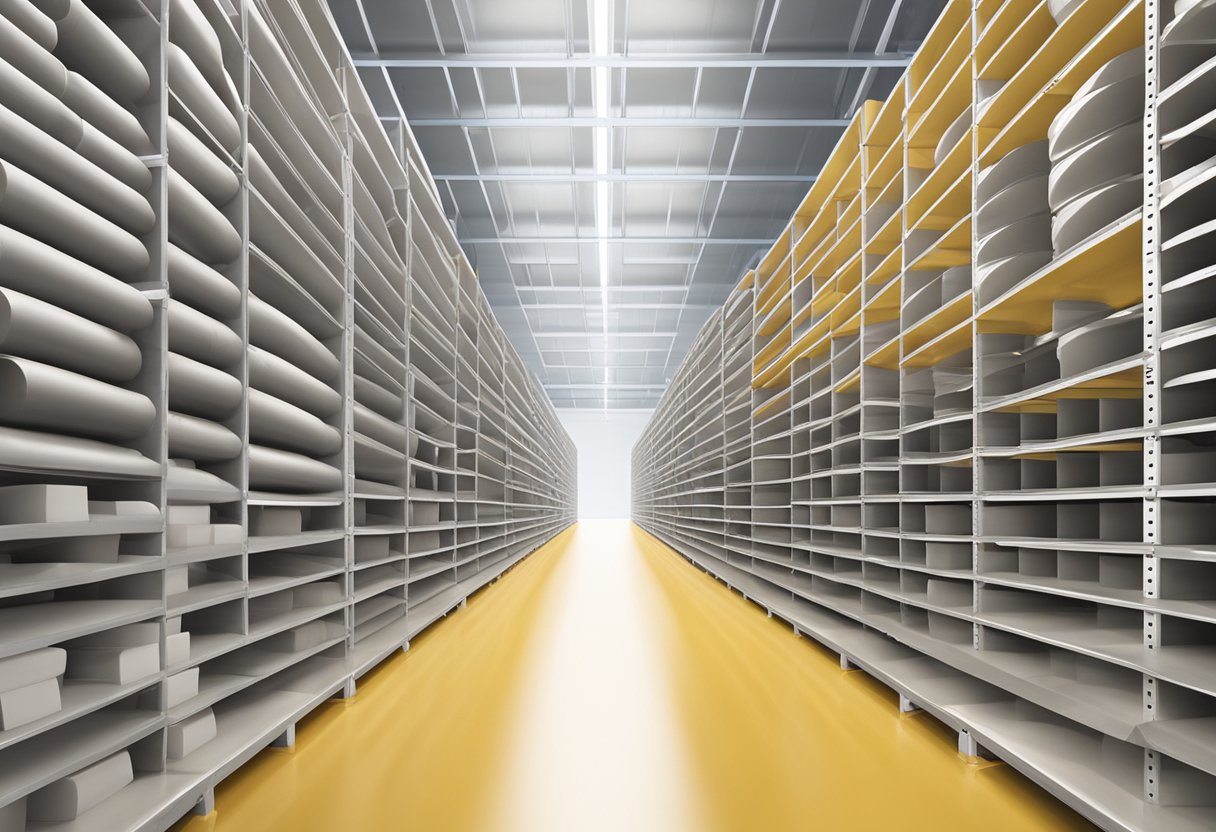 A warehouse shelf filled with large stretch film jumbo rolls stacked neatly in rows