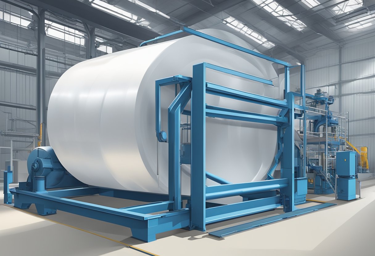 Machines extrude and wind transparent plastic into large rolls in a factory setting