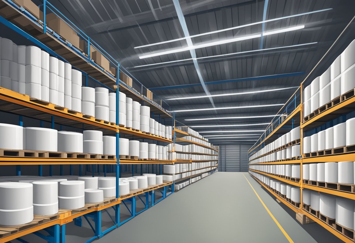 A large warehouse with rows of stacked stretch film jumbo rolls. Machinery and pallets in the background