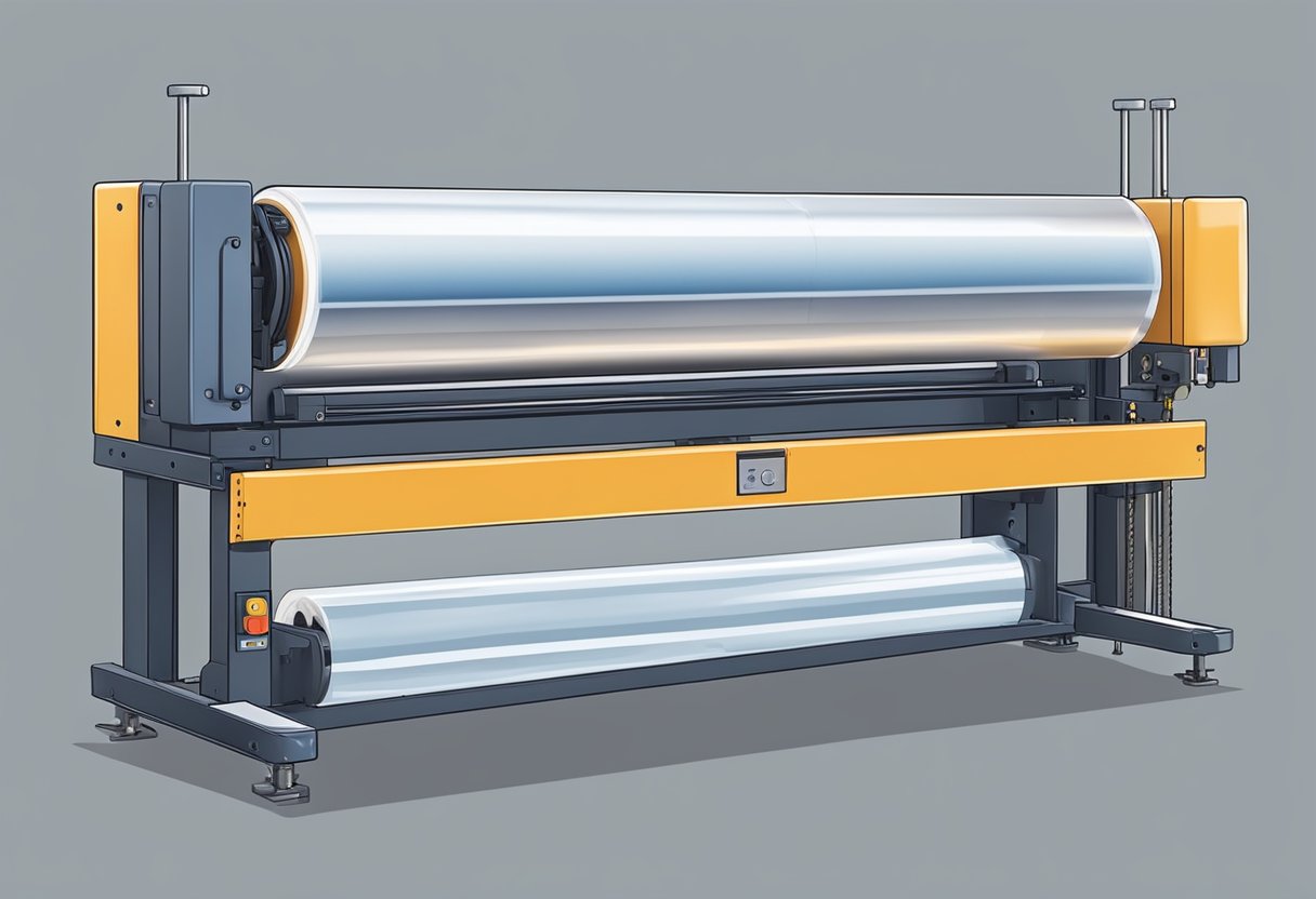 A stretch film machine wraps a pallet with plastic film