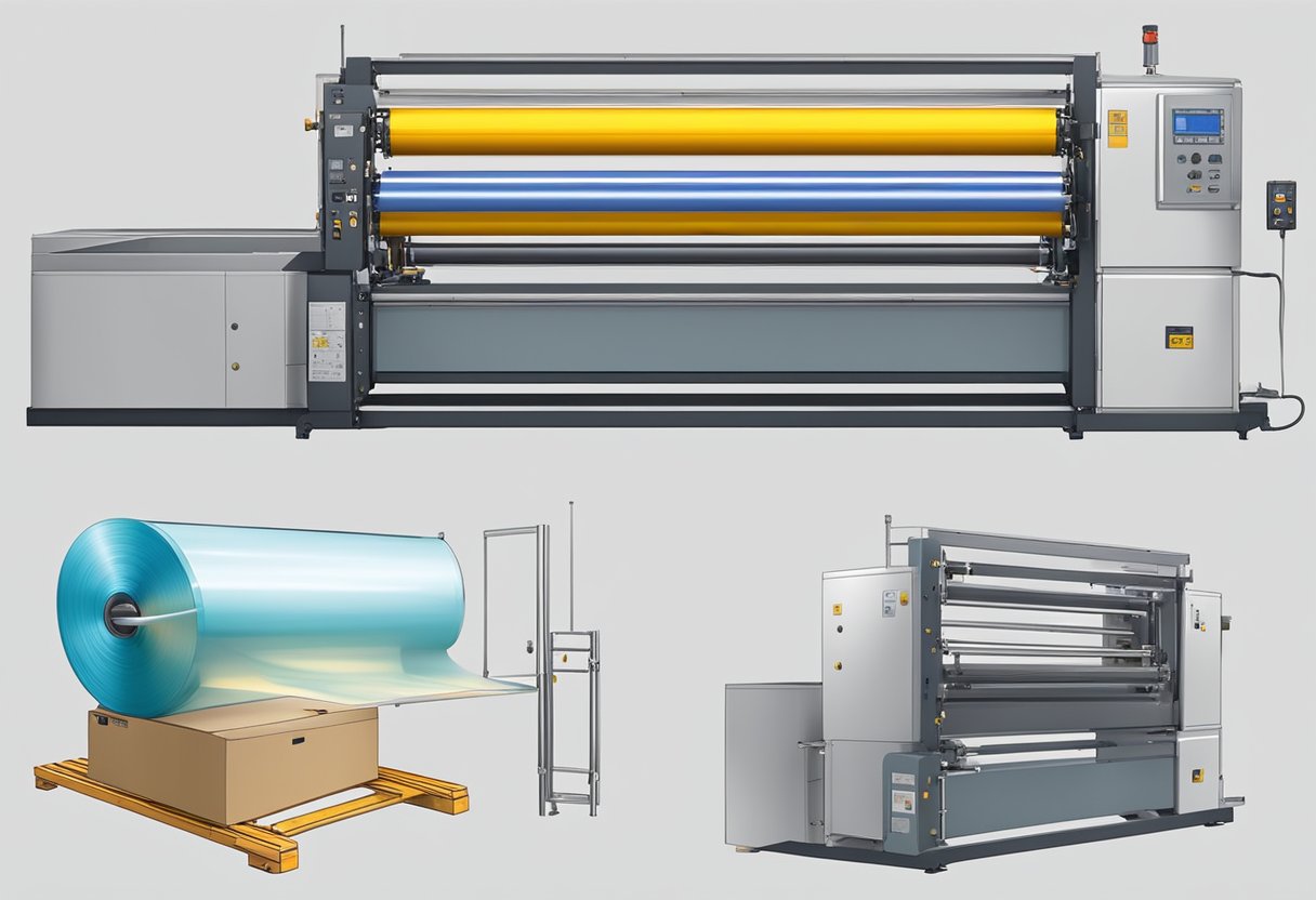 A stretch film machine pulls and wraps film around a pallet, while a control panel adjusts settings for tension and speed