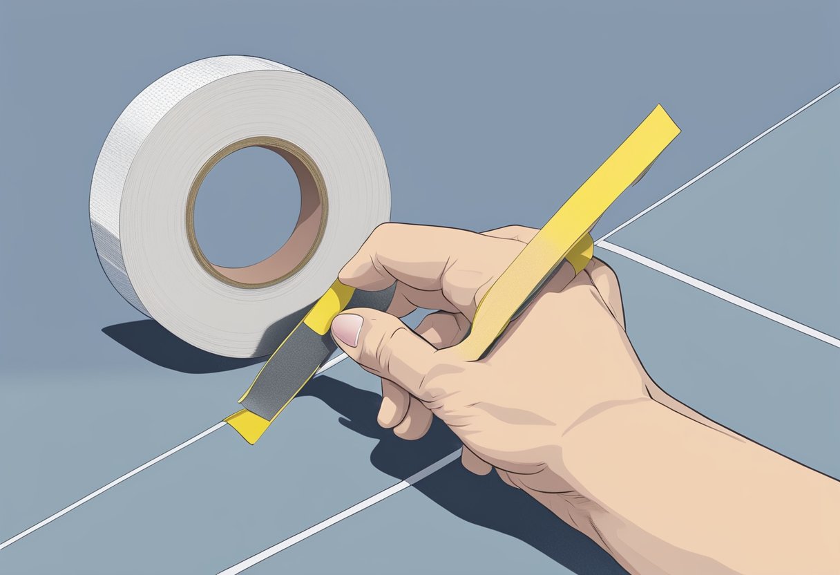 A hand holding a roll of stripping tape, with a piece being pulled off and applied to a surface