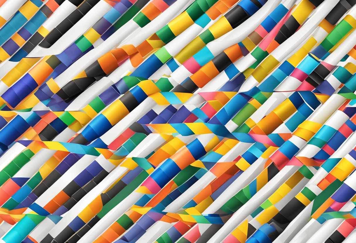Colorful rolls of stripping tape arranged in a diagonal pattern on a white background