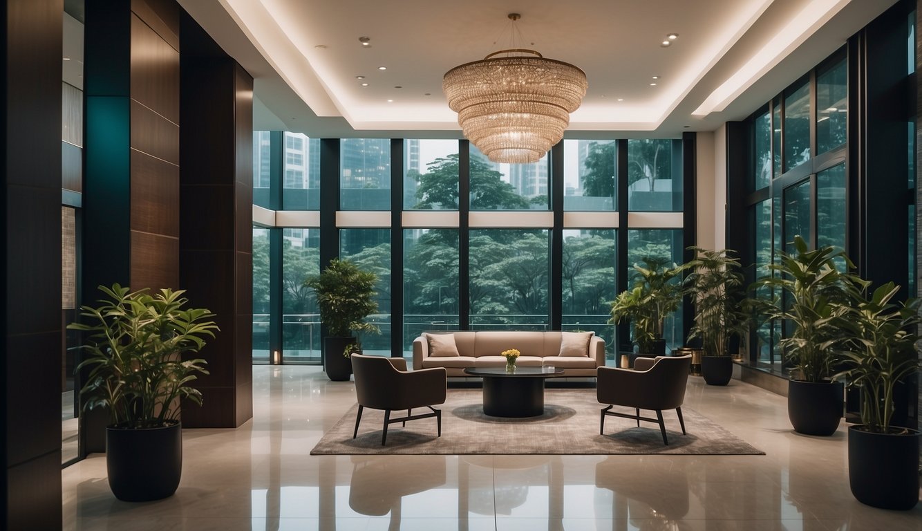 A luxurious private bank in Singapore with modern architecture and a sleek, sophisticated interior design
