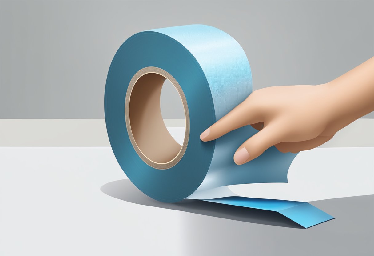 A roll of butyl tape being applied to a surface with strong adhesion