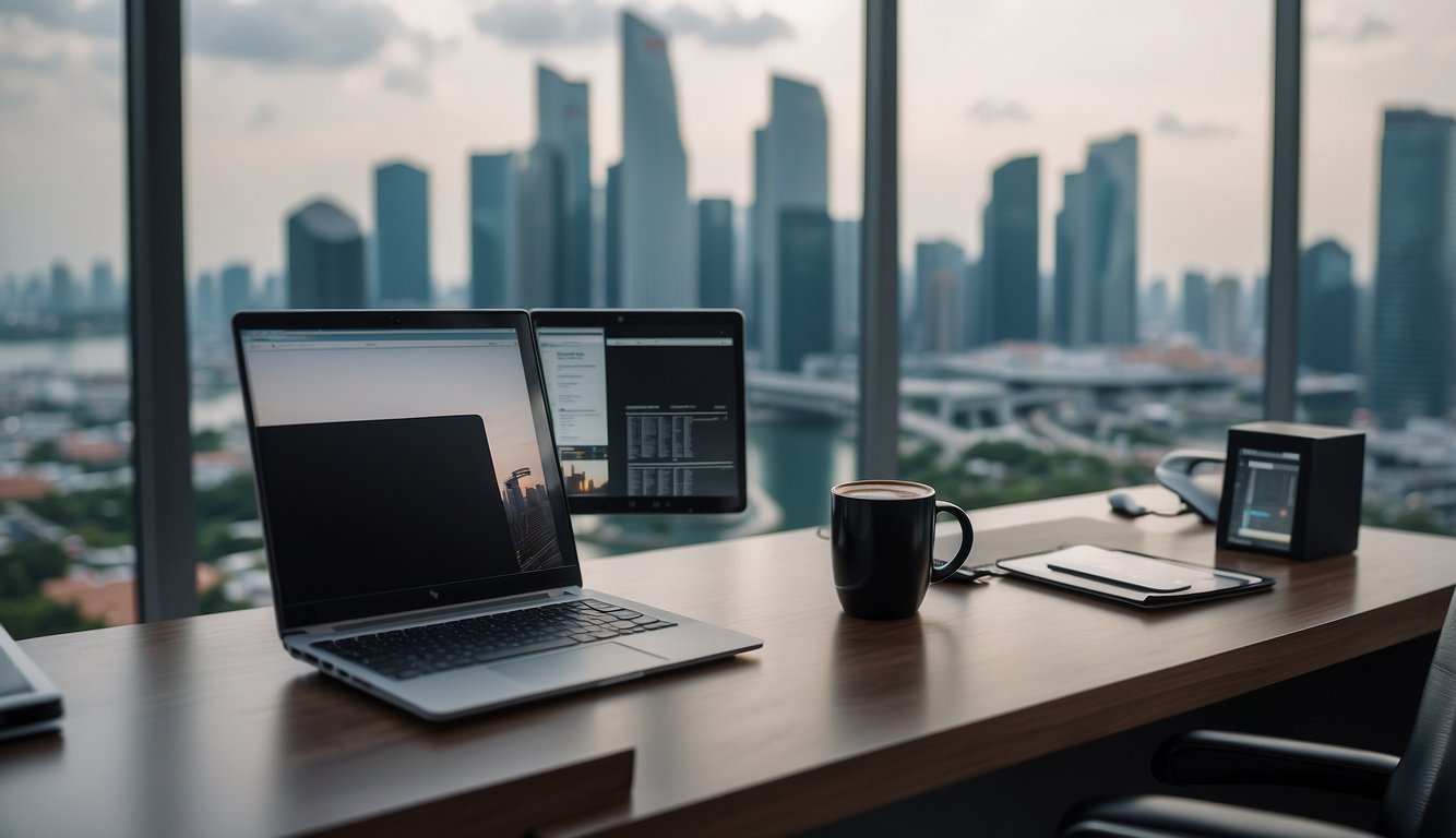 A modern office in Singapore with a skyline view and a desk cluttered with financial reports, a computer, and a cup of coffee