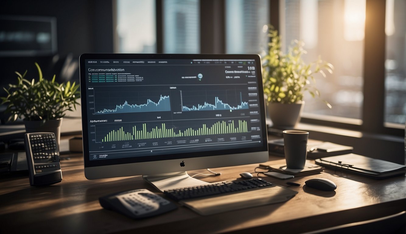 A desk with a computer, financial charts, and a list of qualities: trustworthiness, expertise, communication, and adaptability