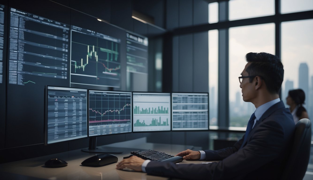 A financial advisor in Singapore discusses investment options with a client in a modern office setting. The advisor gestures towards a computer screen displaying financial data