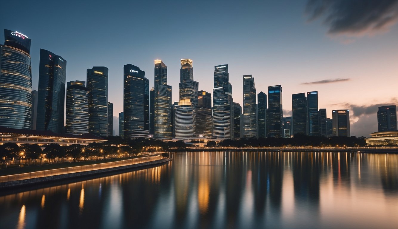 A bustling Singapore cityscape with modern skyscrapers, showcasing the prestigious and luxurious private banking sector