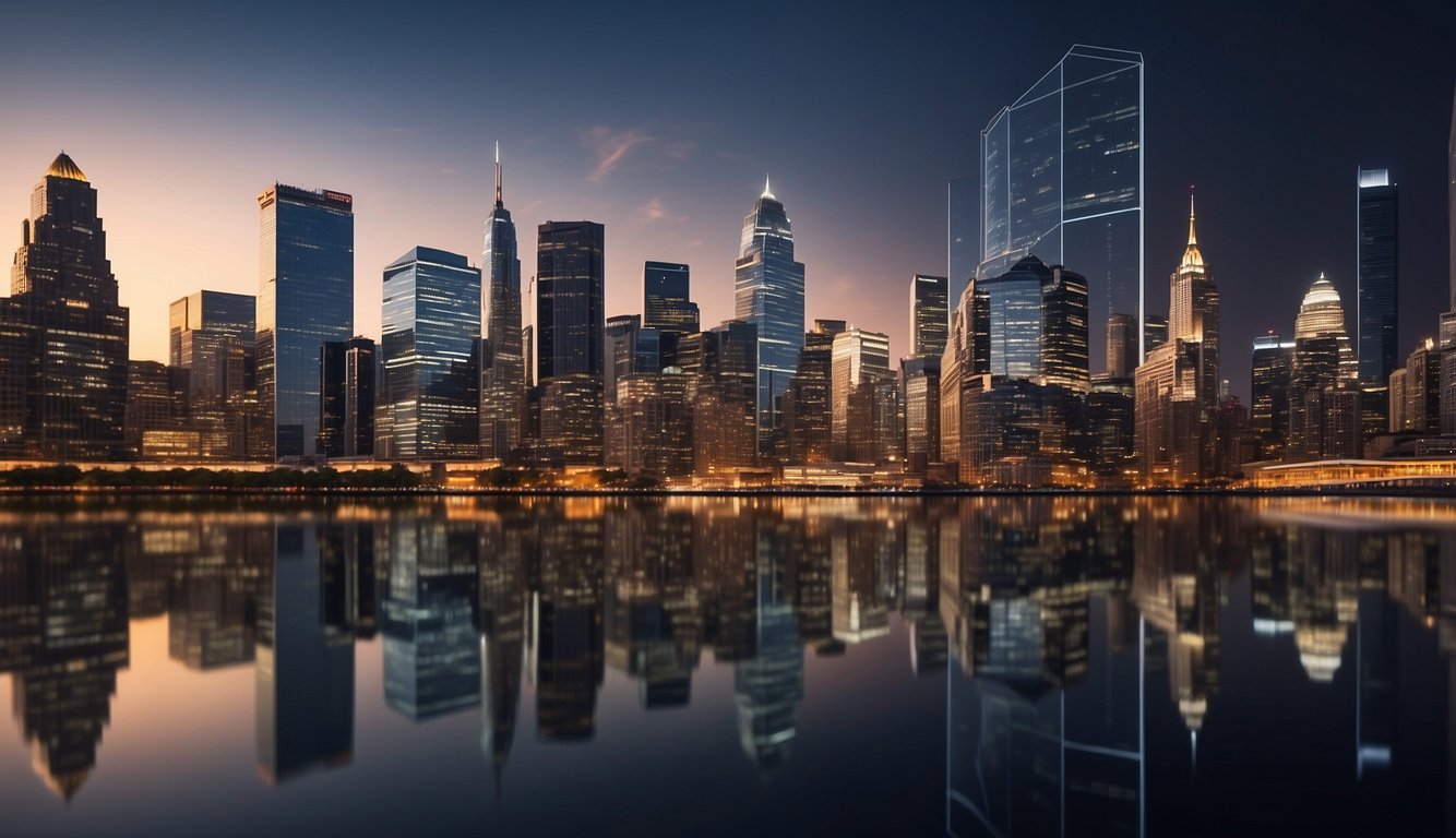 A bustling city skyline with financial district buildings and a graph showing upward growth in income