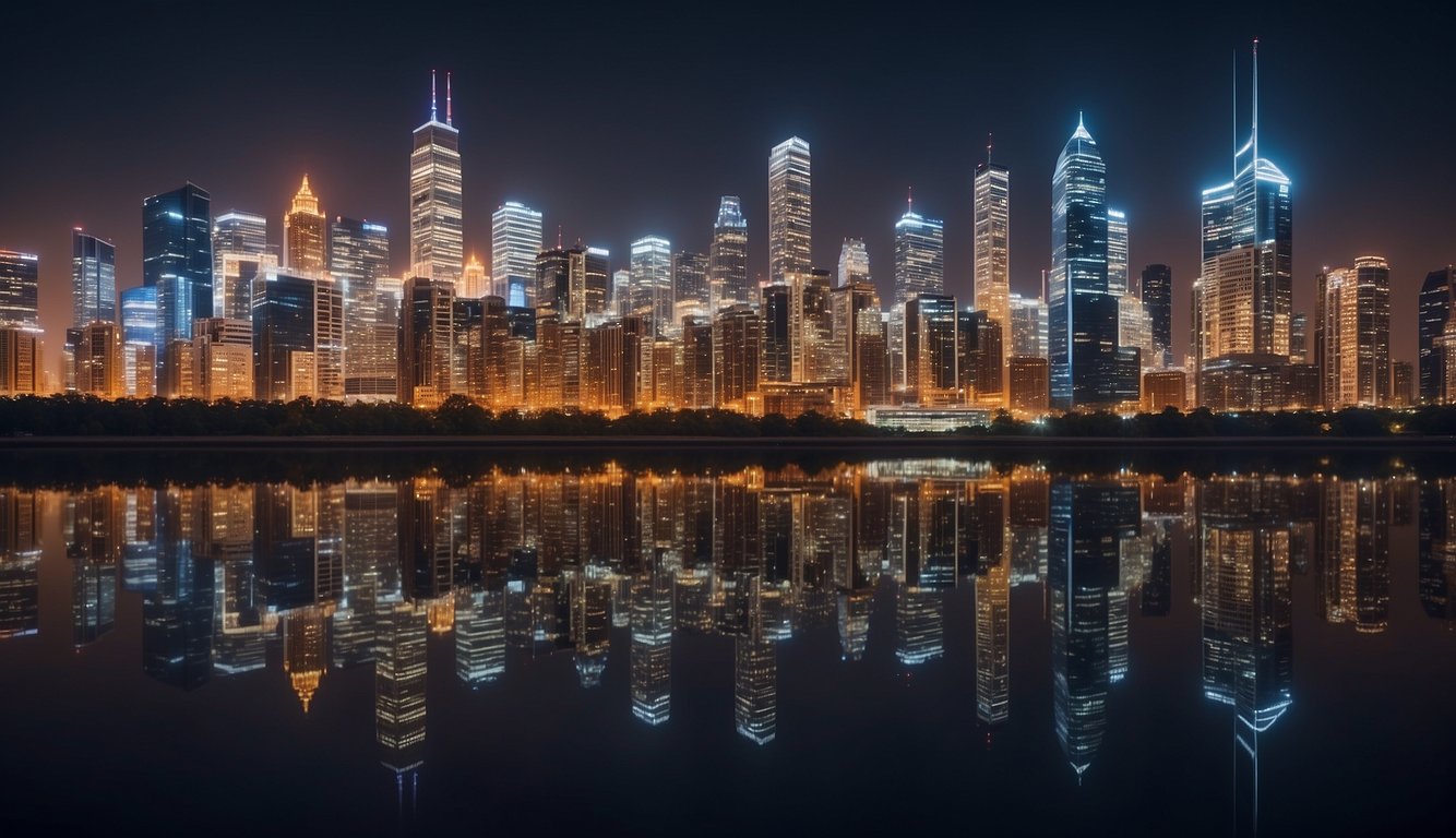 A bustling city skyline with skyscrapers and a mix of traditional and modern architecture. A graph showing upward income trends