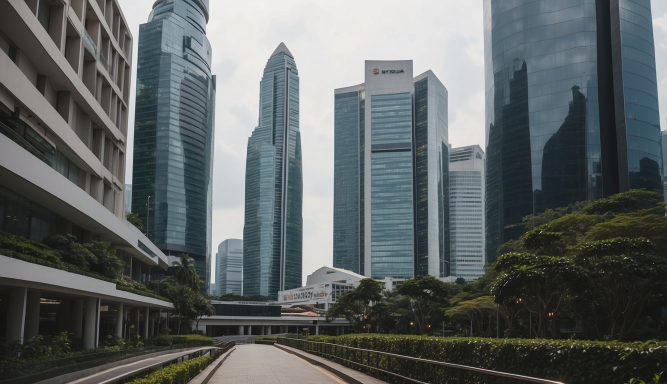 A bustling Singapore financial district with skyscrapers and regulatory signage