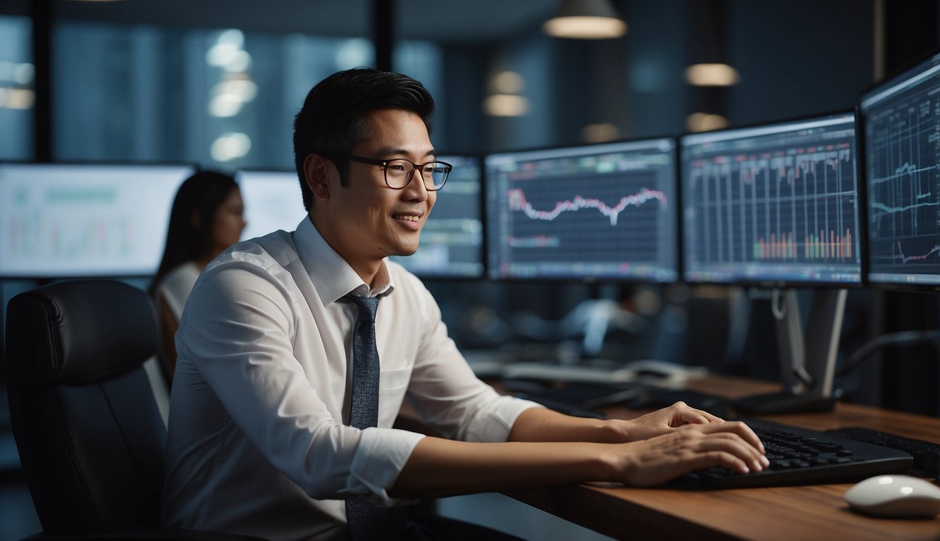 A financial advisor in Singapore, surrounded by charts, graphs, and a computer, provides essential planning advice to a client