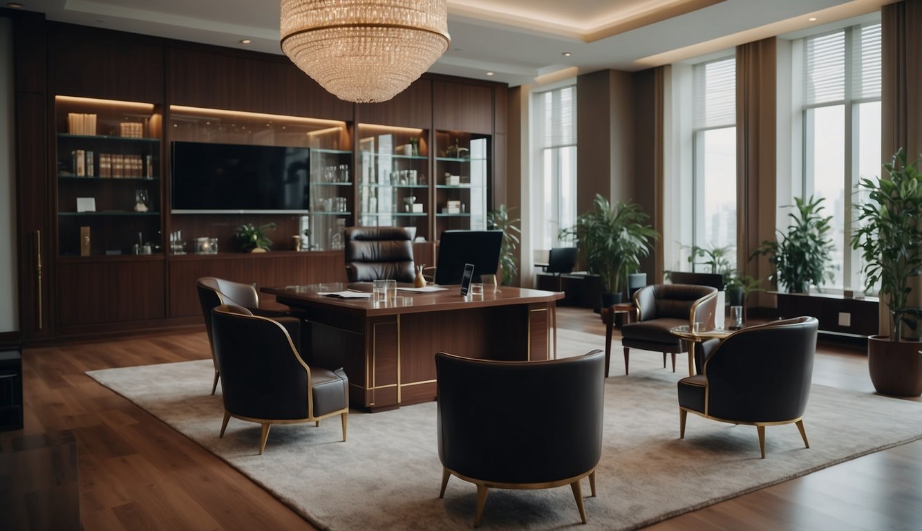 A luxurious private banking office with elegant furnishings and a professional atmosphere. The room is filled with wealthy clients and attentive staff
