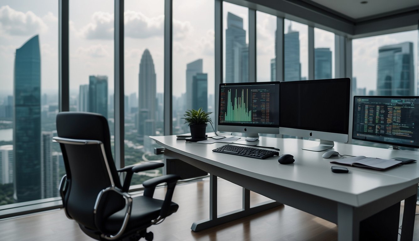 A sleek office with a skyline view, a desk with financial reports, and a computer displaying insurance and risk management data in Singapore