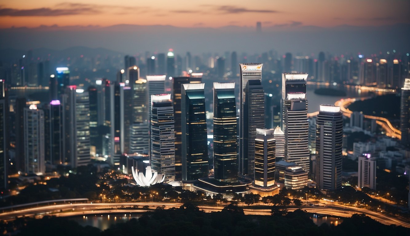 A bustling city skyline with money symbols and upward arrows, representing financial growth and success in Singapore