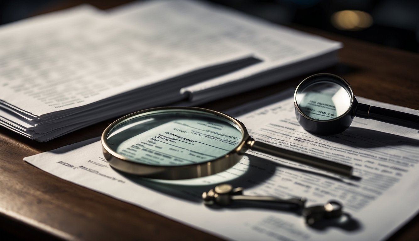 A stack of financial documents on a desk, with a magnifying glass highlighting key qualities: integrity, expertise, and trustworthiness