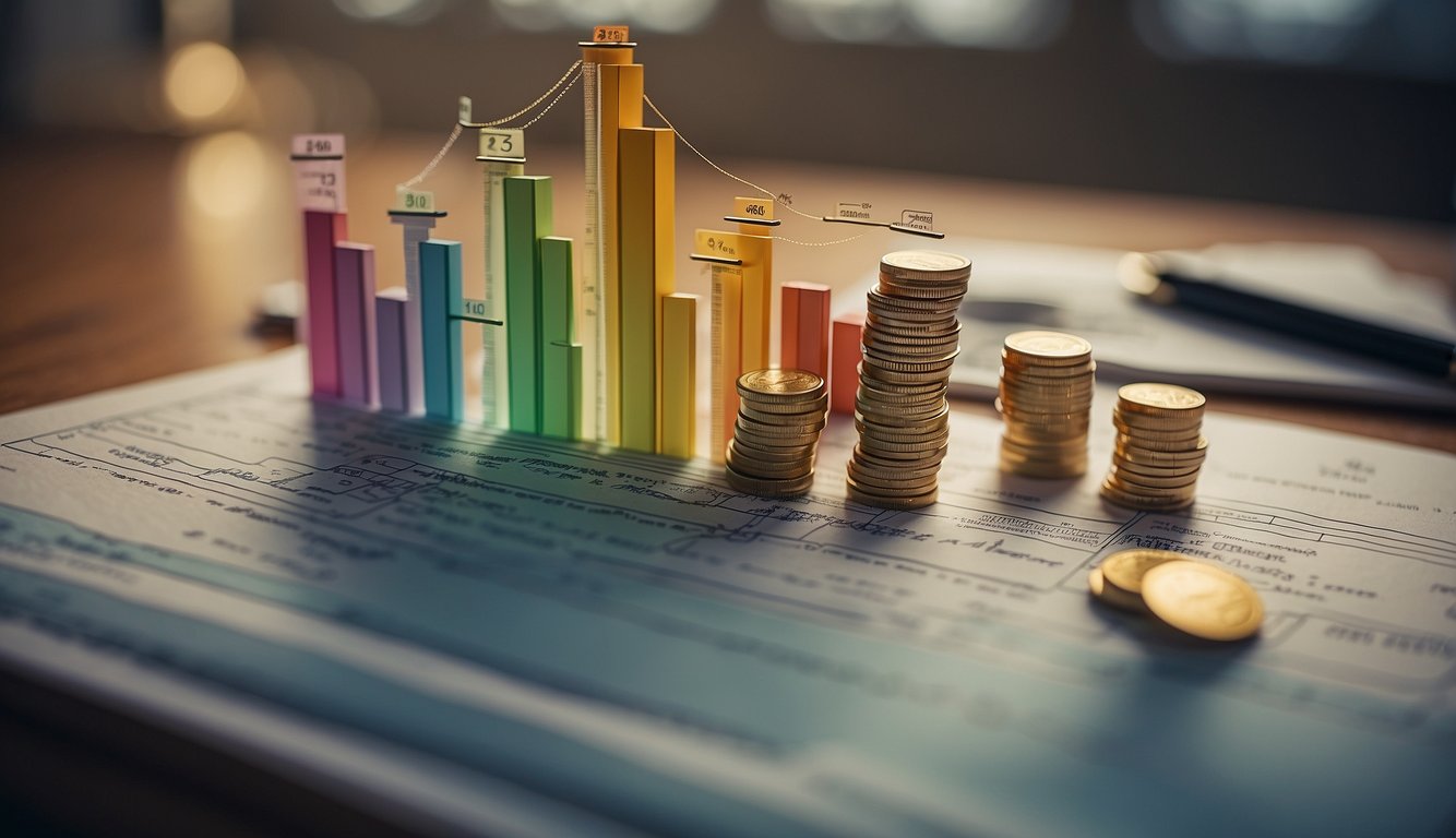 A graph showing the steady increase of income over time, with various financial planning tools and strategies surrounding it